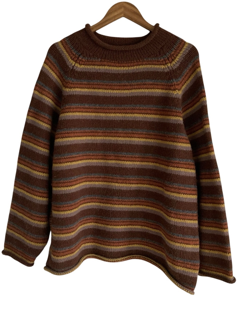 Vintage Peruvian Trading Co Brown Tan Striped Rollneck Wool Retro 90s Sweater